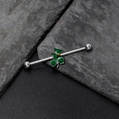 14G Green Gem Top Hat Shamrock St Patricks Industrial Barbell 38mm