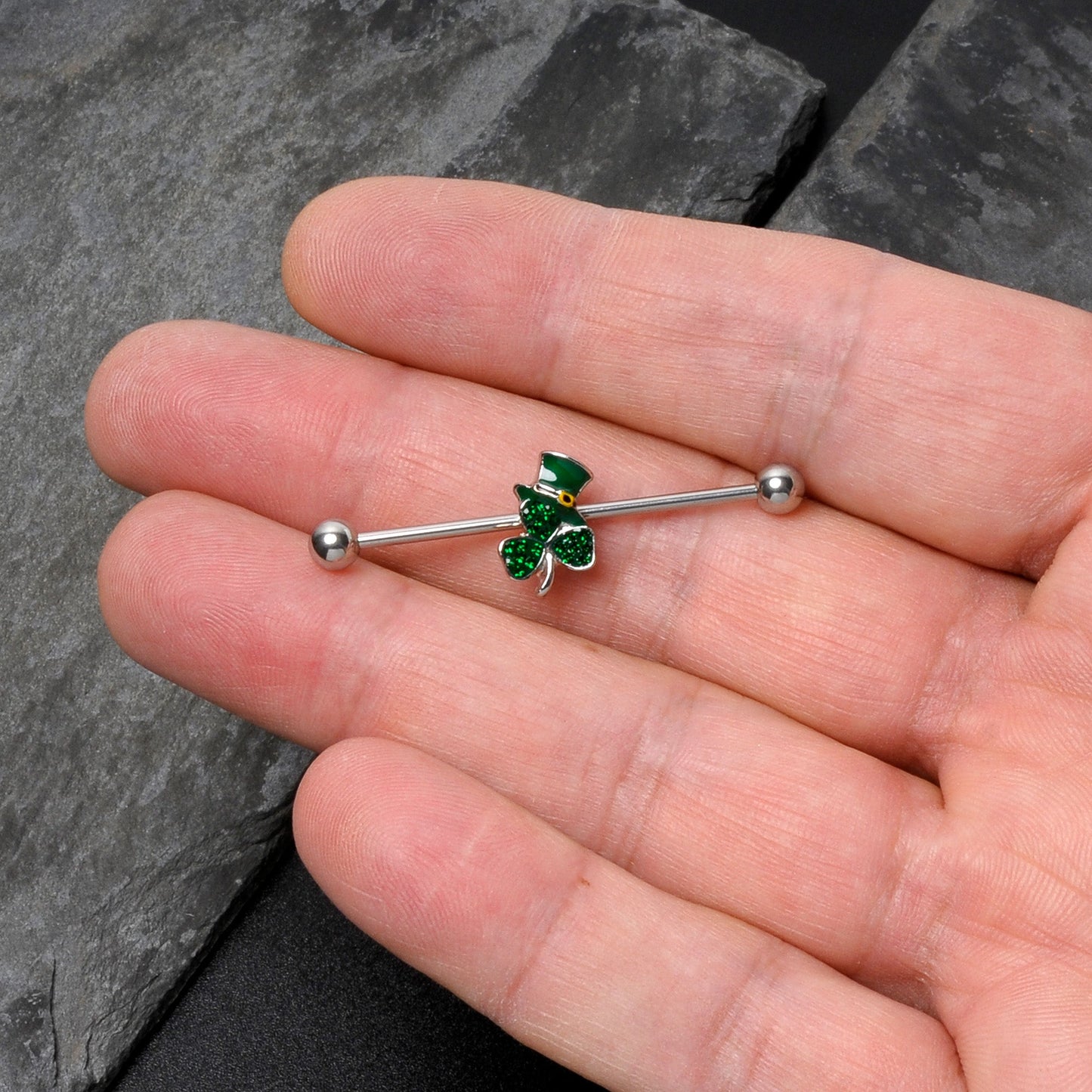 14G Green Gem Top Hat Shamrock St Patricks Industrial Barbell 38mm