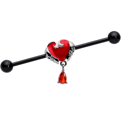 14G Red CZ Gem Black Duo Skull Heart Dangle Industrial Barbell 38mm
