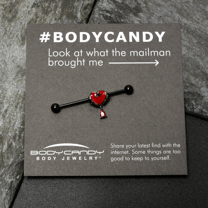 14G Red CZ Gem Black Duo Skull Heart Dangle Industrial Barbell 38mm