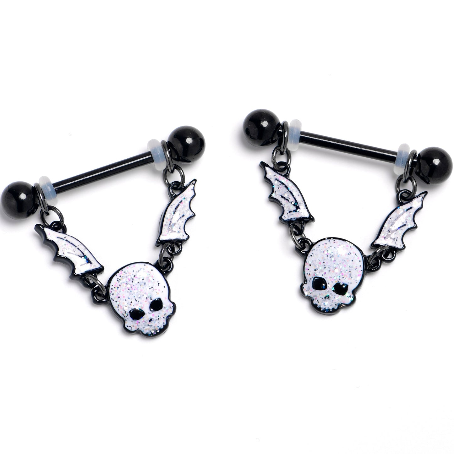 14G 9/16 Black Winged Skull Glitter Dangle Nipple Ring Set