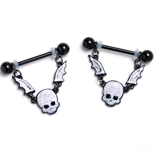14G 9/16 Black Winged Skull Glitter Dangle Nipple Ring Set