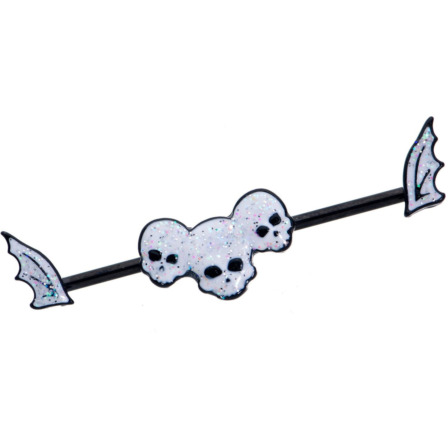 14G Black Winged Skull Glitter Trio Industrial Barbell 38mm