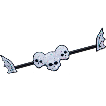 14G Black Winged Skull Glitter Trio Industrial Barbell 38mm
