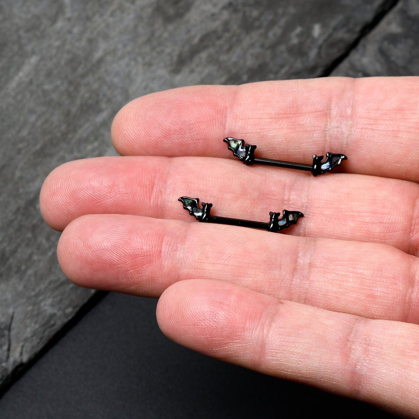 14G 9/16 Black Subtle Bat Barbell Nipple Ring Set