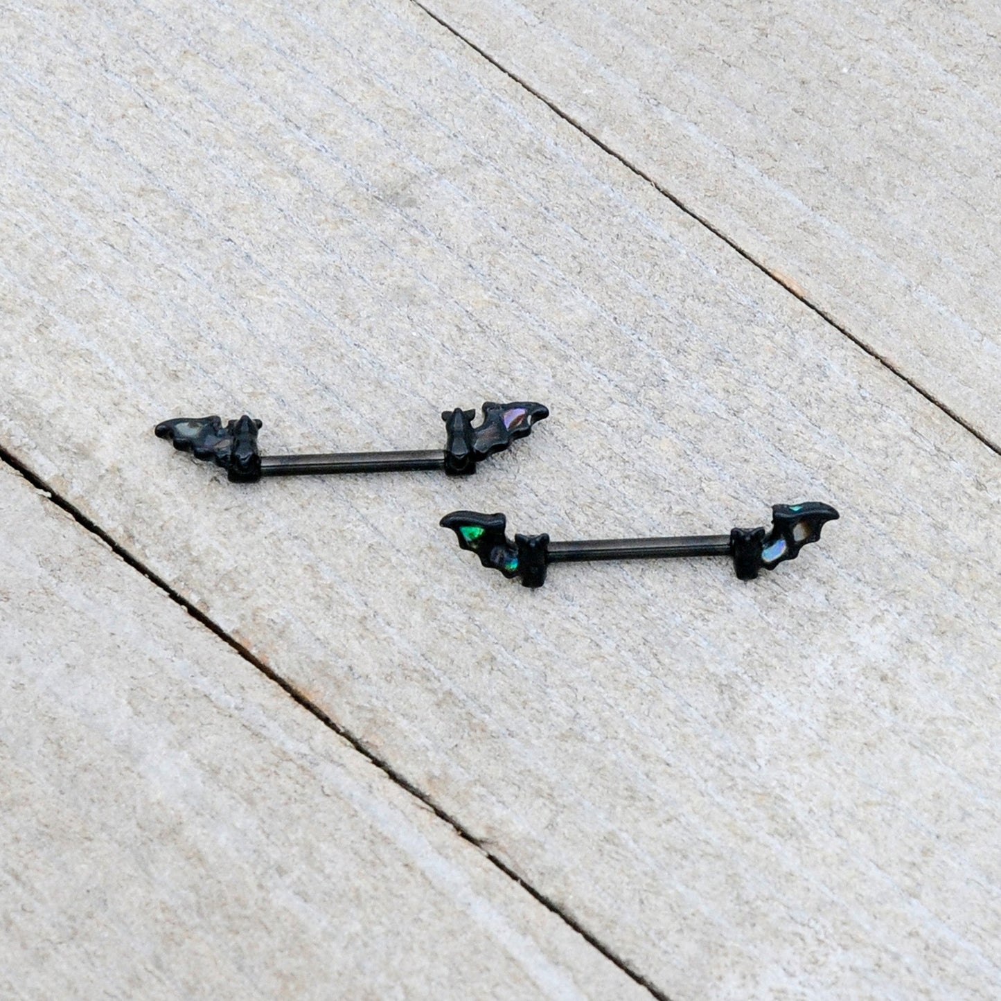 14G 9/16 Black Subtle Bat Barbell Nipple Ring Set