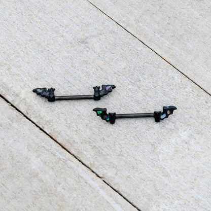 14G 9/16 Black Subtle Bat Barbell Nipple Ring Set