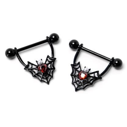 14G 11/16 Red Gem Black Gothic Bat Heart Nipple Shield Set