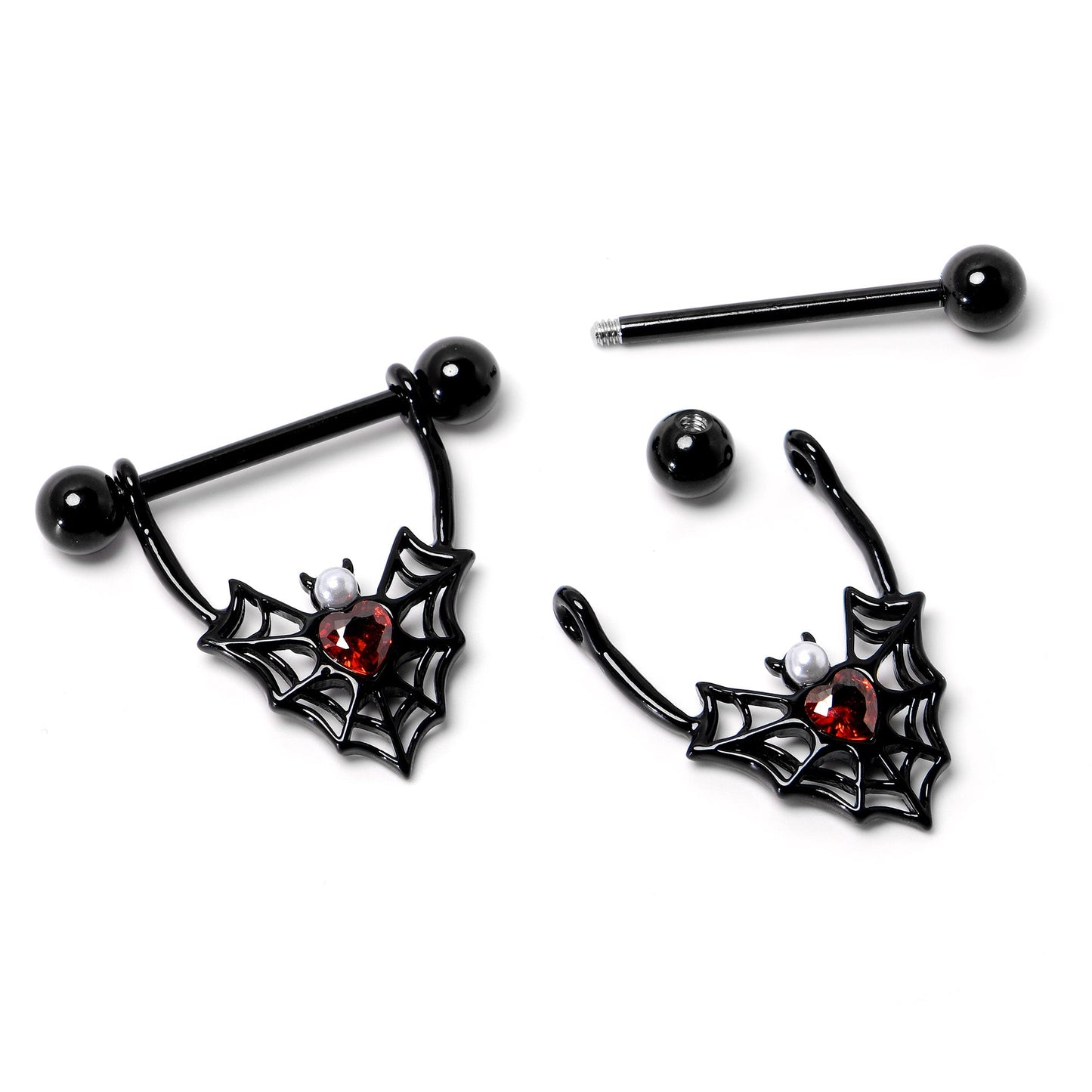 14G 11/16 Red Gem Black Gothic Bat Heart Nipple Shield Set