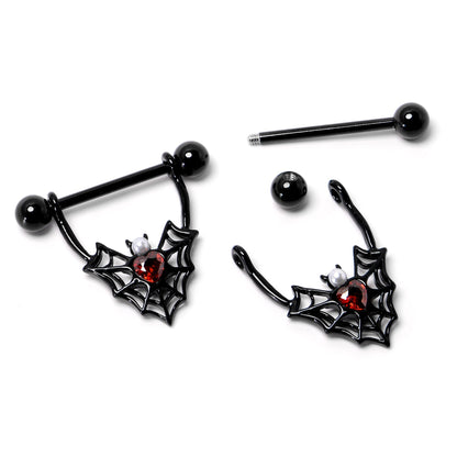 14G 11/16 Red Gem Black Gothic Bat Heart Nipple Shield Set