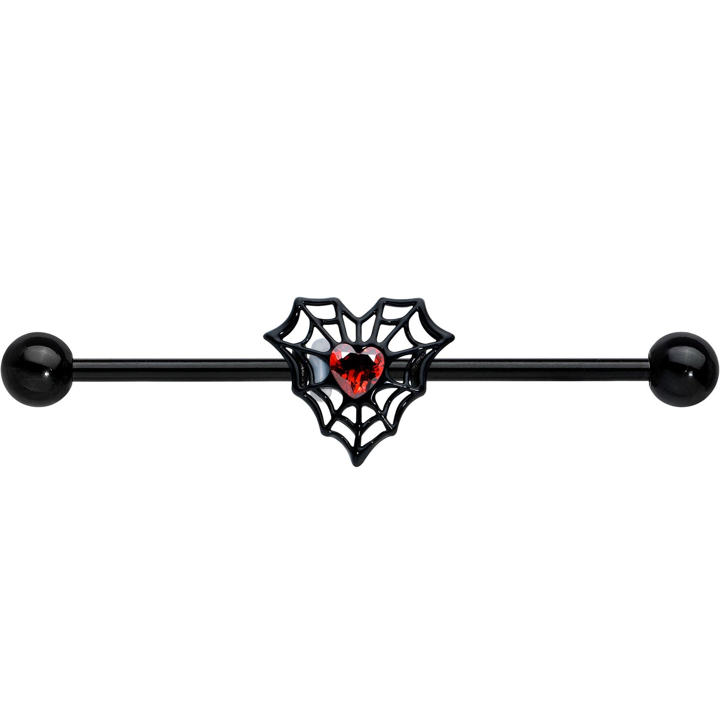 14G Red Gem Black Spider Heart Web Industrial Barbell 38mm