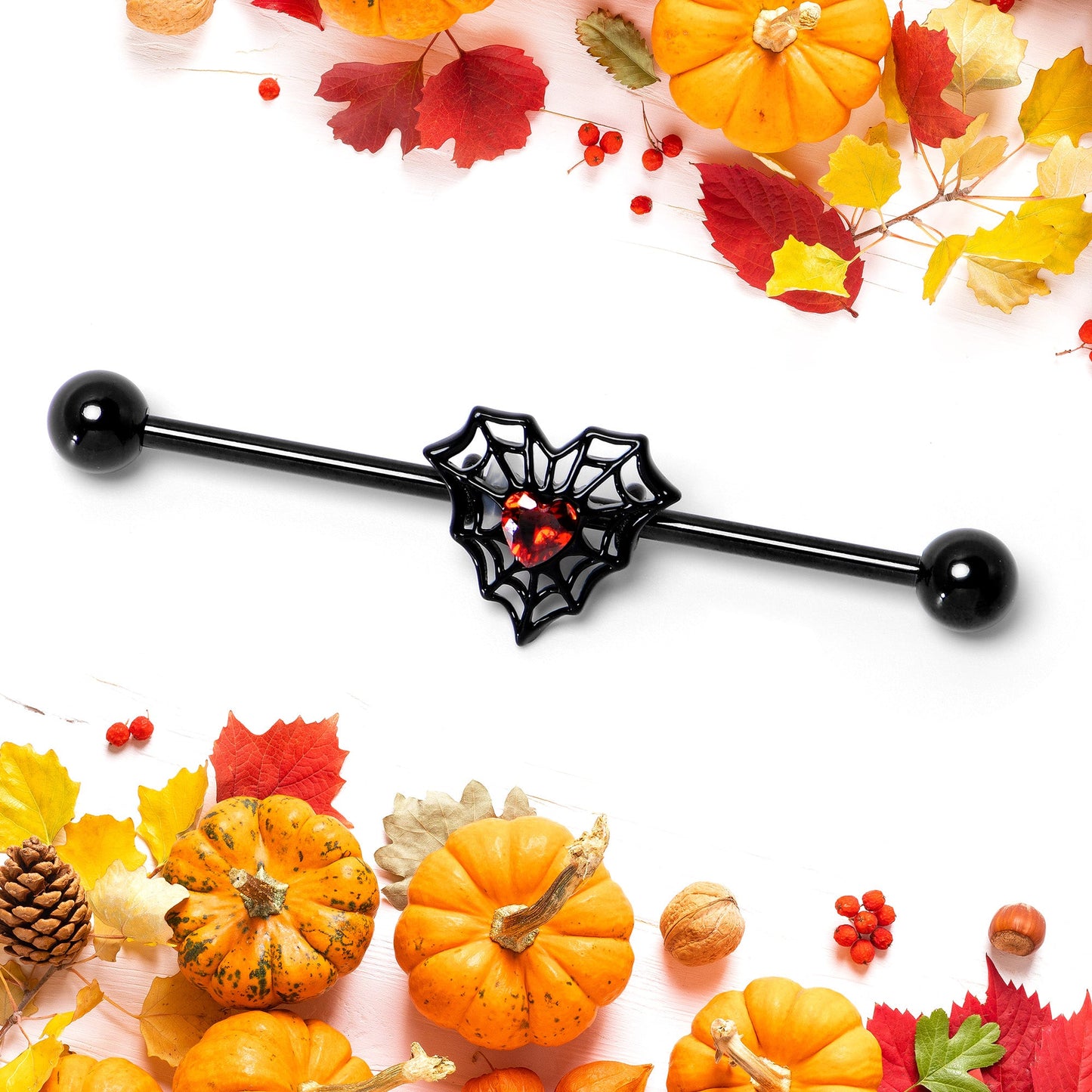 14G Red Gem Black Spider Heart Web Industrial Barbell 38mm