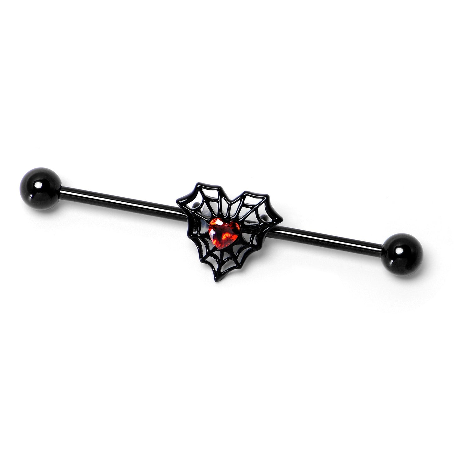 14G Red Gem Black Spider Heart Web Industrial Barbell 38mm