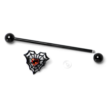 14G Red Gem Black Spider Heart Web Industrial Barbell 38mm