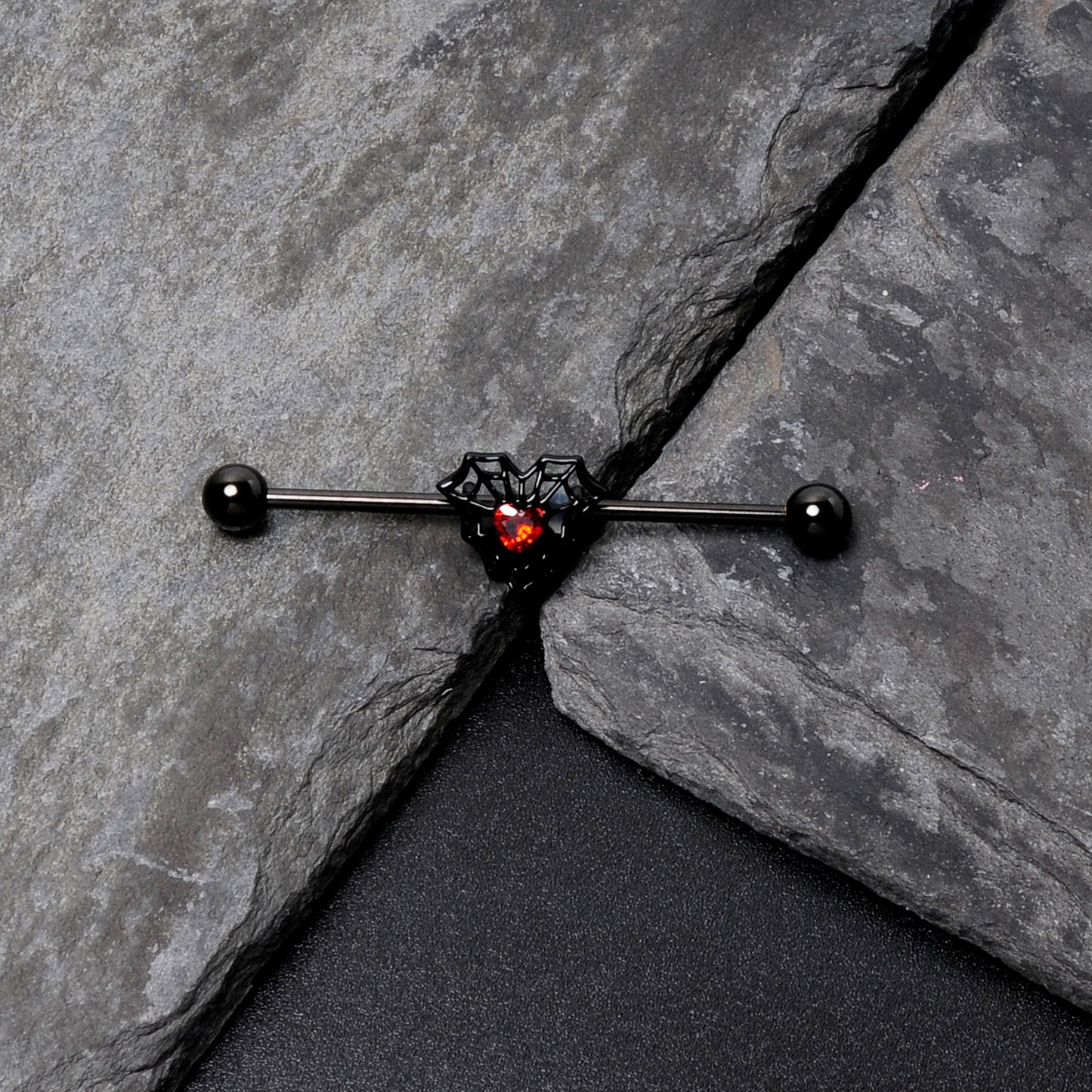 14G Red Gem Black Spider Heart Web Industrial Barbell 38mm