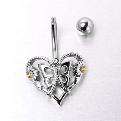 Clear Yellow CZ Gem Heart Flower Butterfly Belly Ring