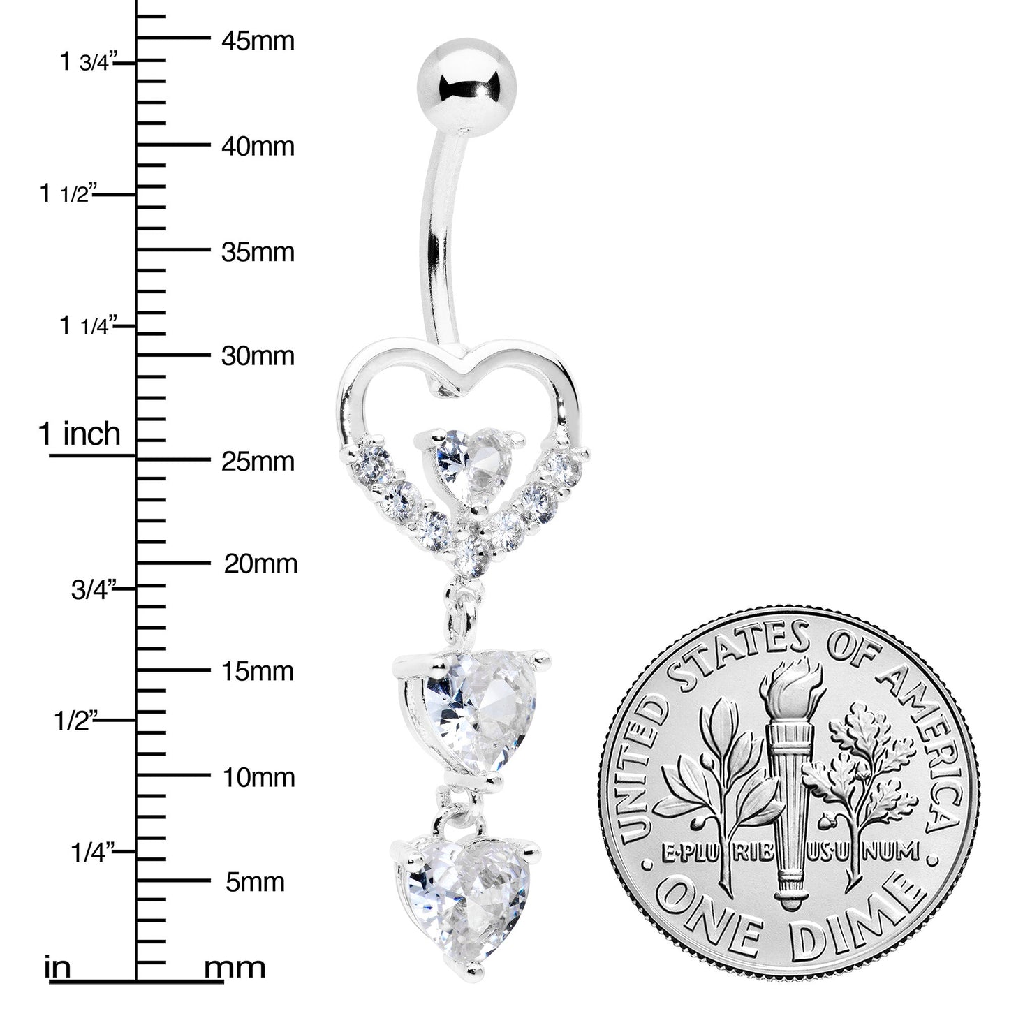 Clear CZ Gem Opulent Heart Quartet Dangle Belly Ring