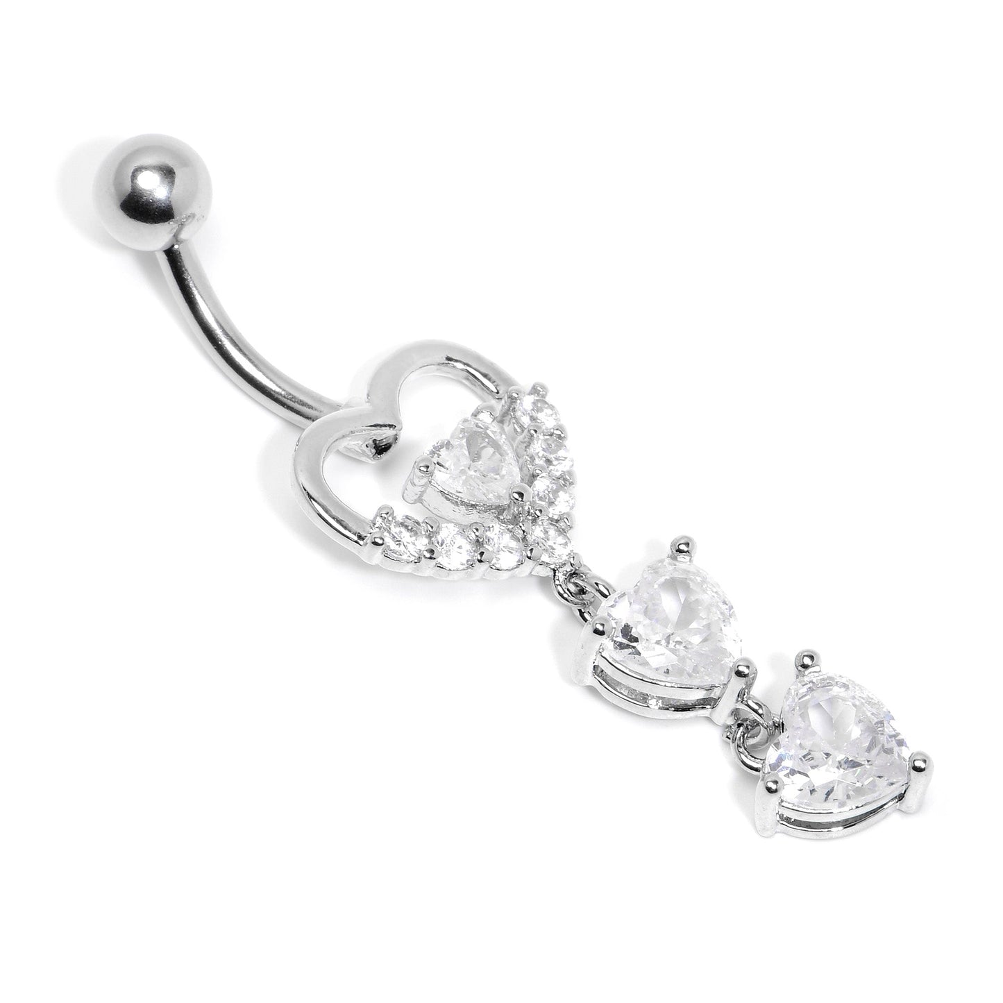 Clear CZ Gem Opulent Heart Quartet Dangle Belly Ring