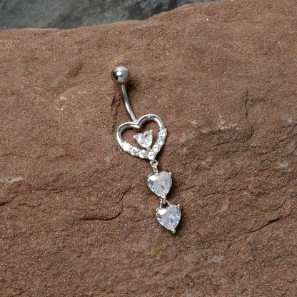 Clear CZ Gem Opulent Heart Quartet Dangle Belly Ring