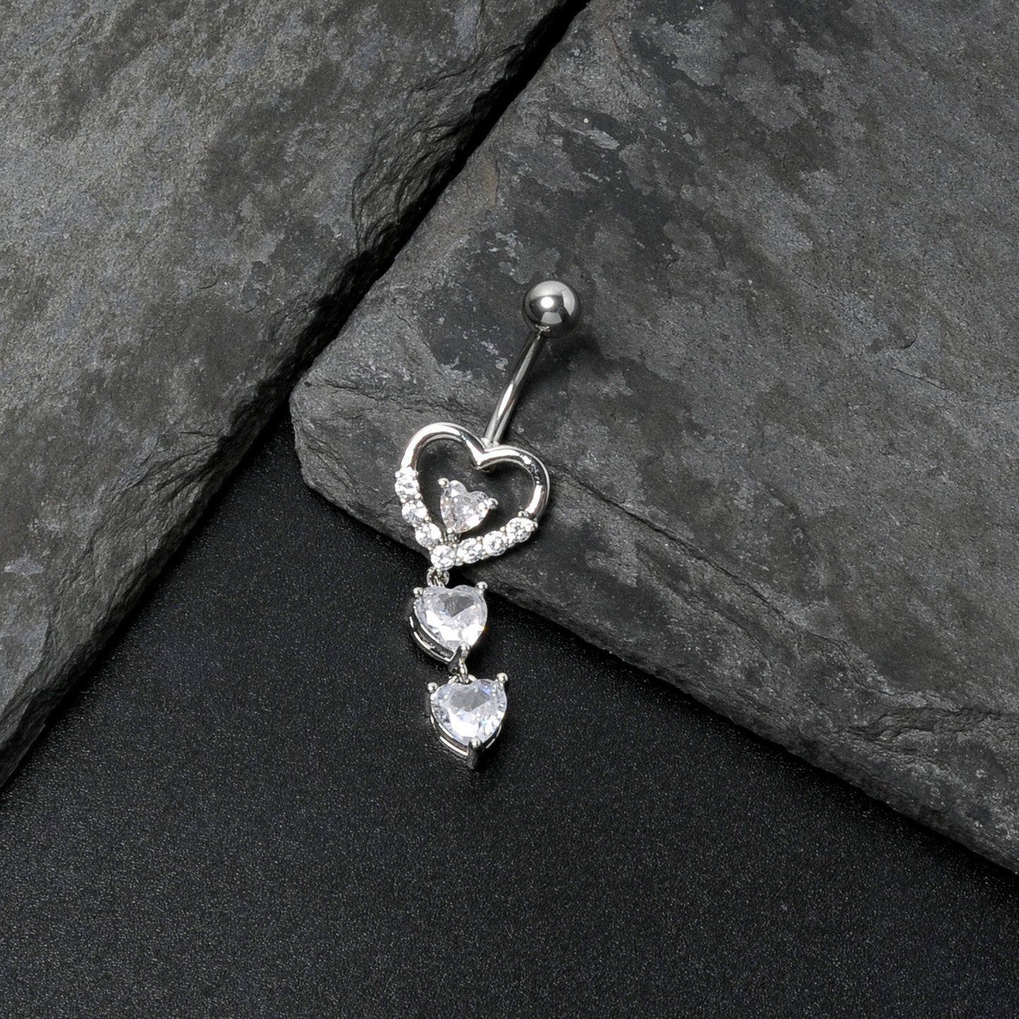 Clear CZ Gem Opulent Heart Quartet Dangle Belly Ring