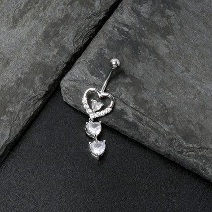 Clear CZ Gem Opulent Heart Quartet Dangle Belly Ring