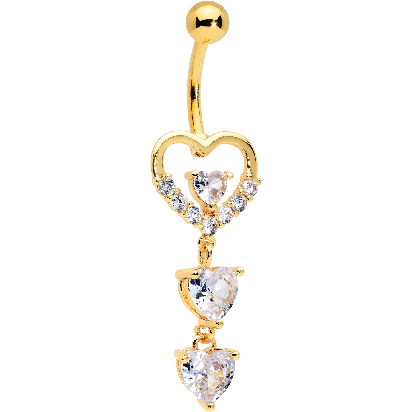 Clear CZ Gem Gold Tone Opulent Heart Quartet Dangle Belly Ring