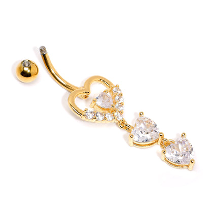 Clear CZ Gem Gold Tone Opulent Heart Quartet Dangle Belly Ring