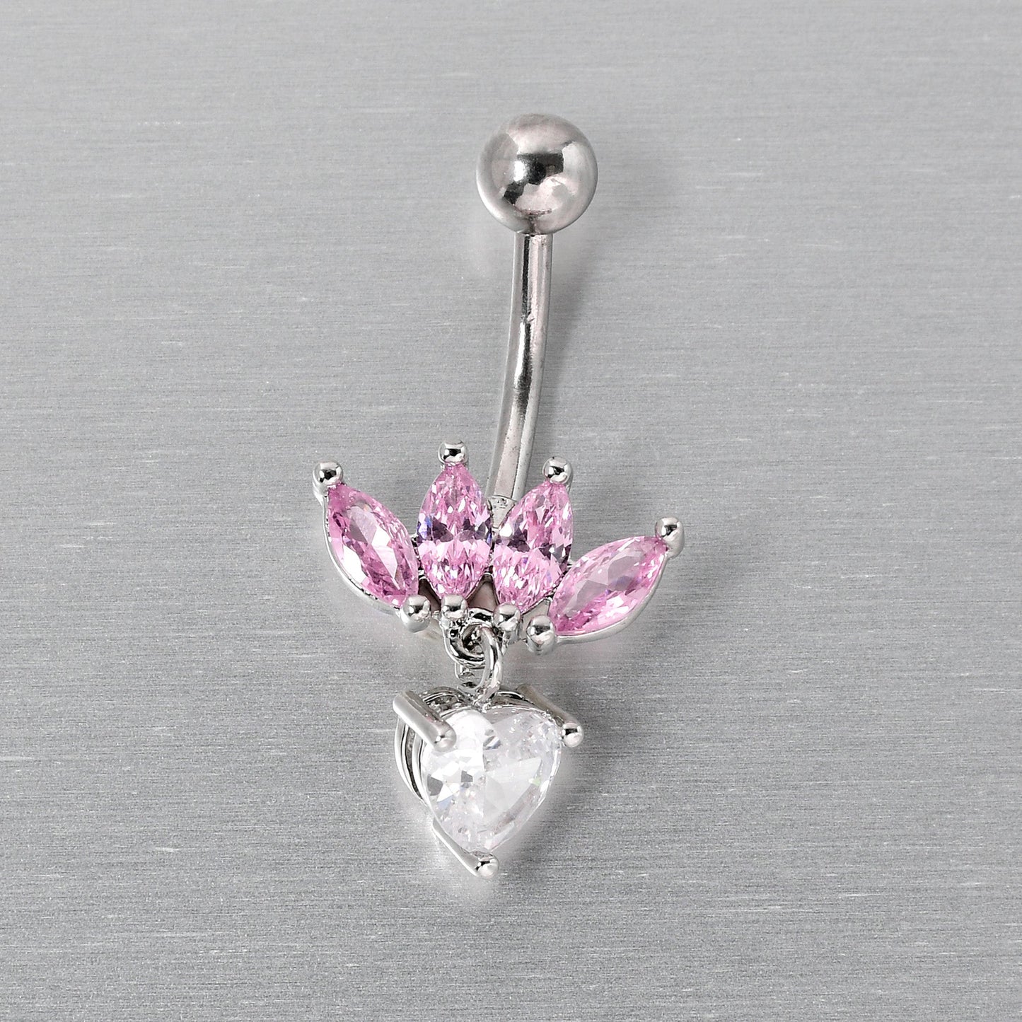 Clear Pink CZ Gem Crown And Heart Dangle Belly Ring