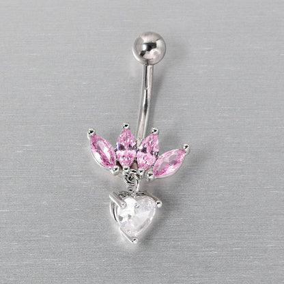 Clear Pink CZ Gem Crown And Heart Dangle Belly Ring