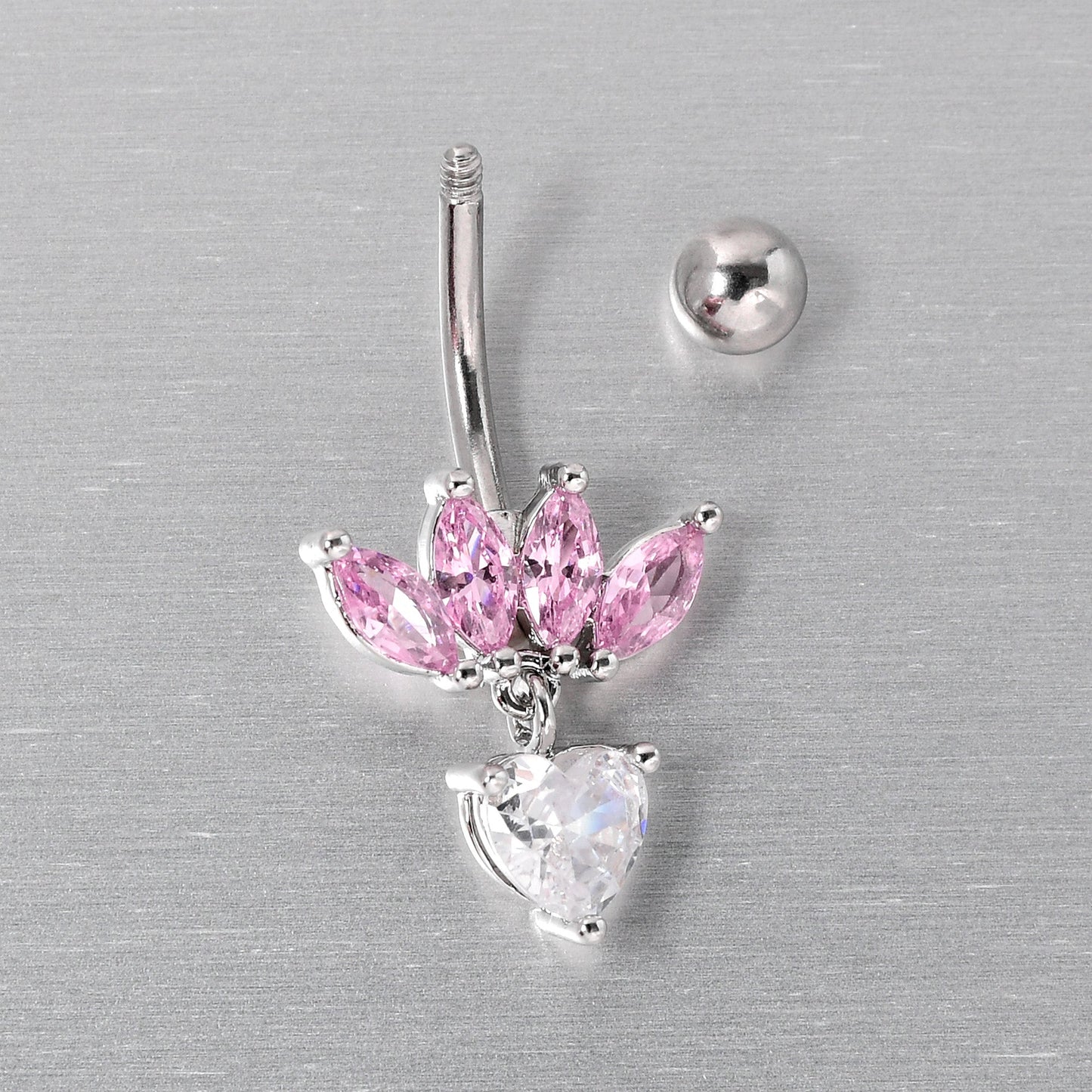 Clear Pink CZ Gem Crown And Heart Dangle Belly Ring