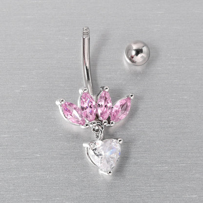 Clear Pink CZ Gem Crown And Heart Dangle Belly Ring