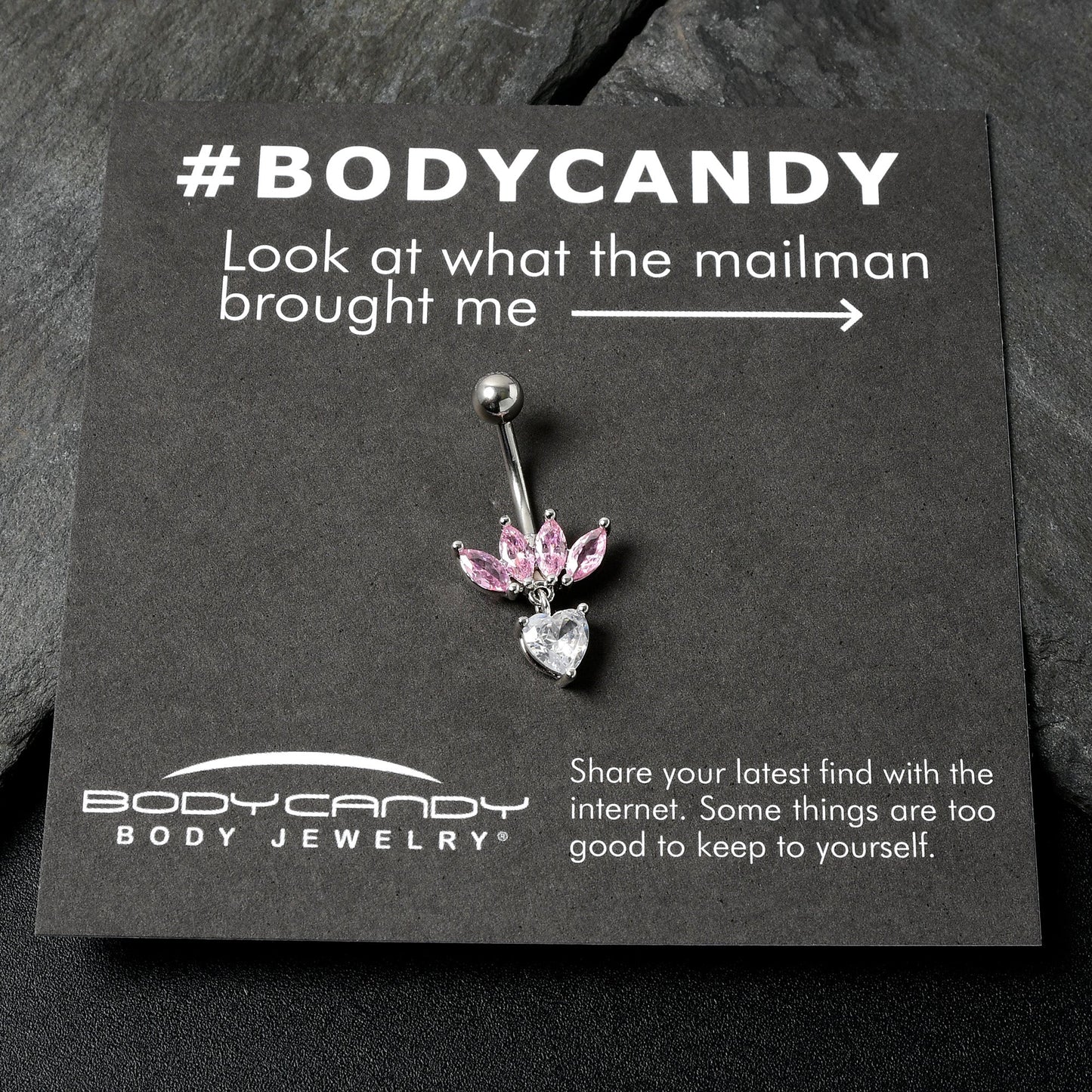 Clear Pink CZ Gem Crown And Heart Dangle Belly Ring