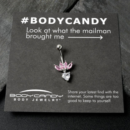 Clear Pink CZ Gem Crown And Heart Dangle Belly Ring