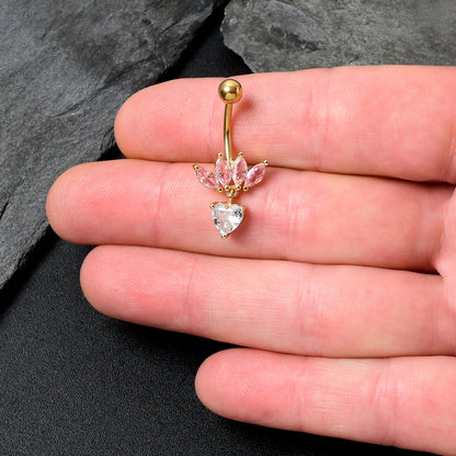 Clear Pink CZ Gem Gold Tone Crown And Heart Dangle Belly Ring