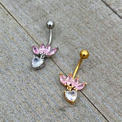 Clear Pink CZ Gem Gold Tone Crown And Heart Dangle Belly Ring