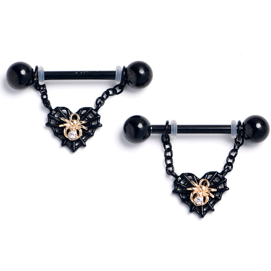 14G 9/16 Clear Gem Black Golden Spider Web Dangle Nipple Ring Set