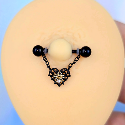 14G 9/16 Clear Gem Black Golden Spider Web Dangle Nipple Ring Set