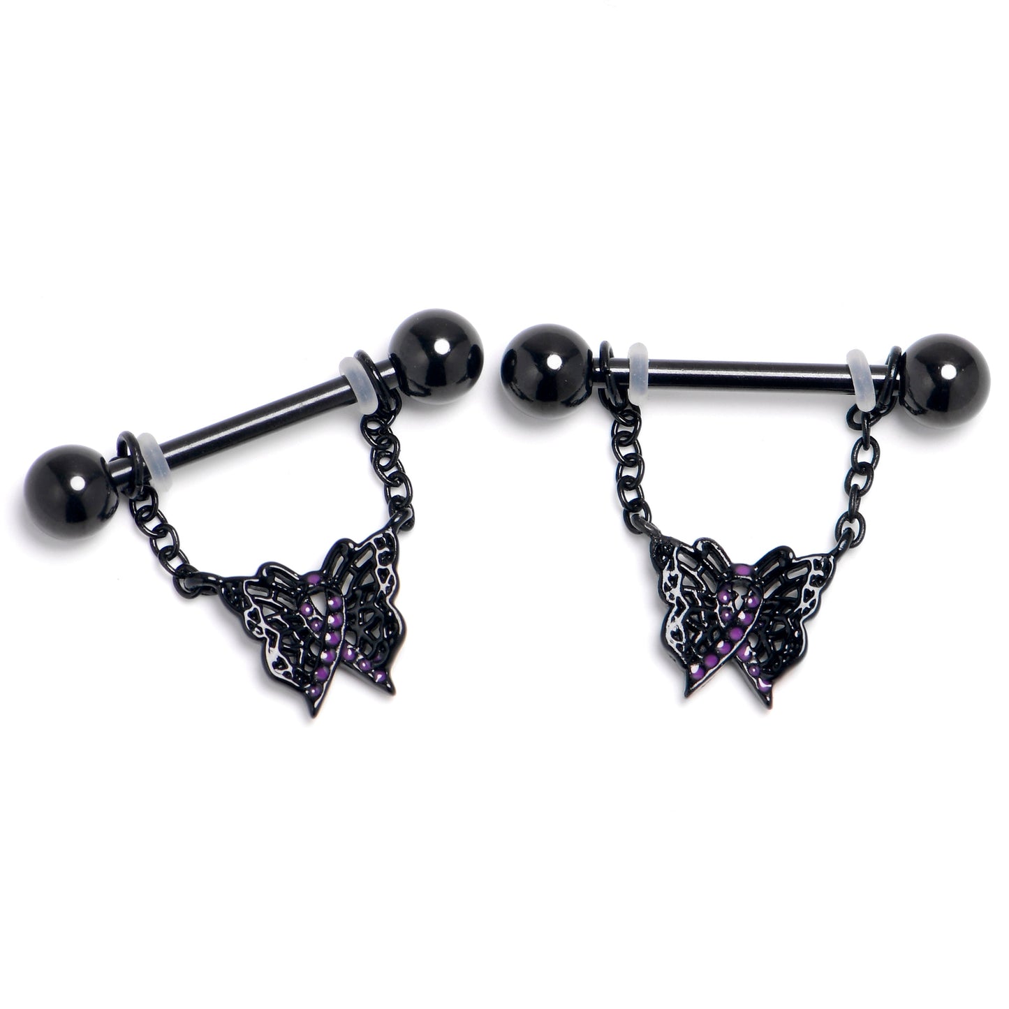 14G 9/16 Black Butterfly In Flight Chain Dangle Nipple Ring Set