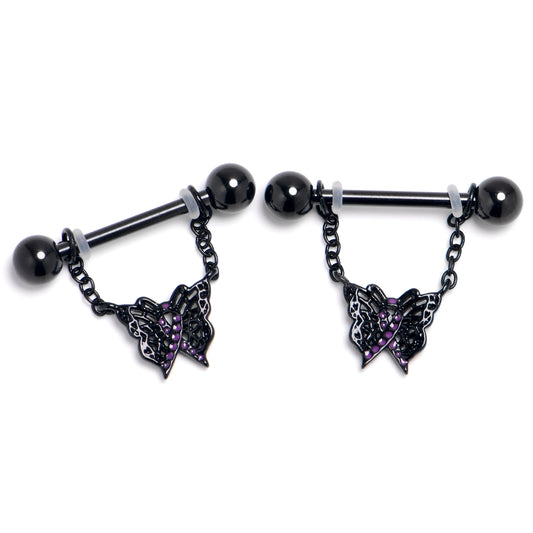14G 9/16 Black Butterfly In Flight Chain Dangle Nipple Ring Set