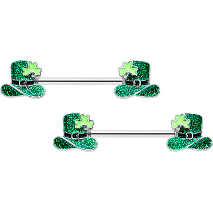 14G 9/16 Glitter Top Hat Shamrock Barbell Nipple Ring Set
