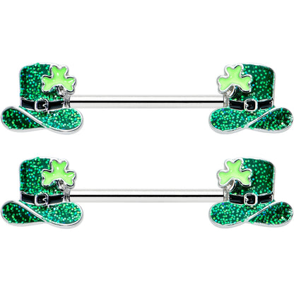 14G 9/16 Glitter Top Hat Shamrock Barbell Nipple Ring Set