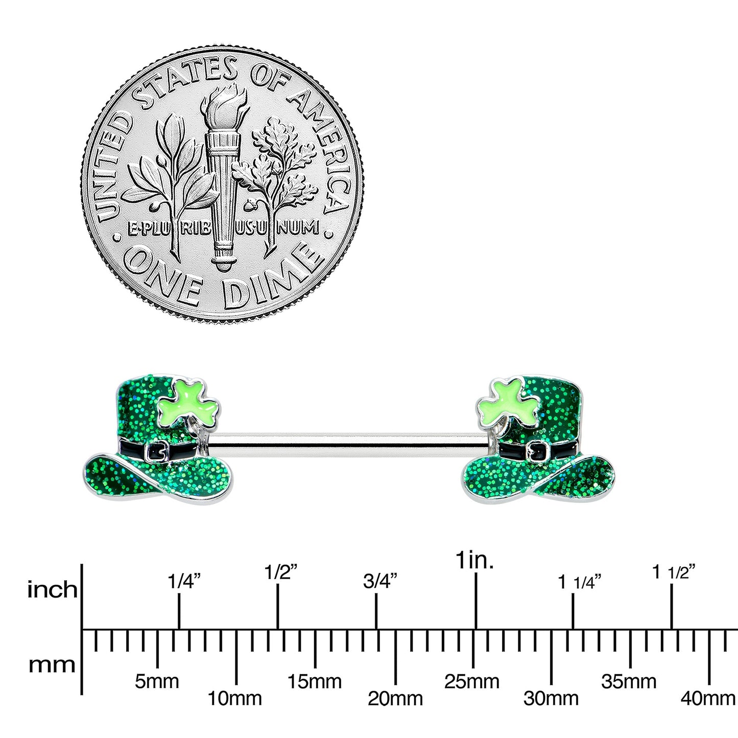 14G 9/16 Glitter Top Hat Shamrock Barbell Nipple Ring Set