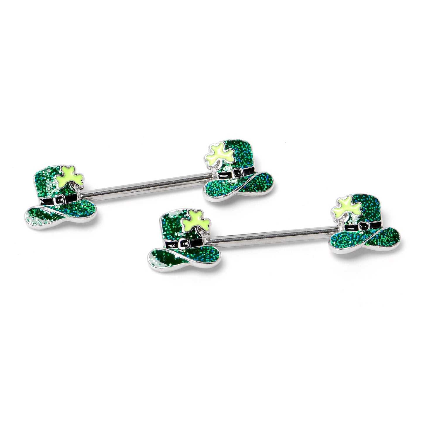 14G 9/16 Glitter Top Hat Shamrock Barbell Nipple Ring Set