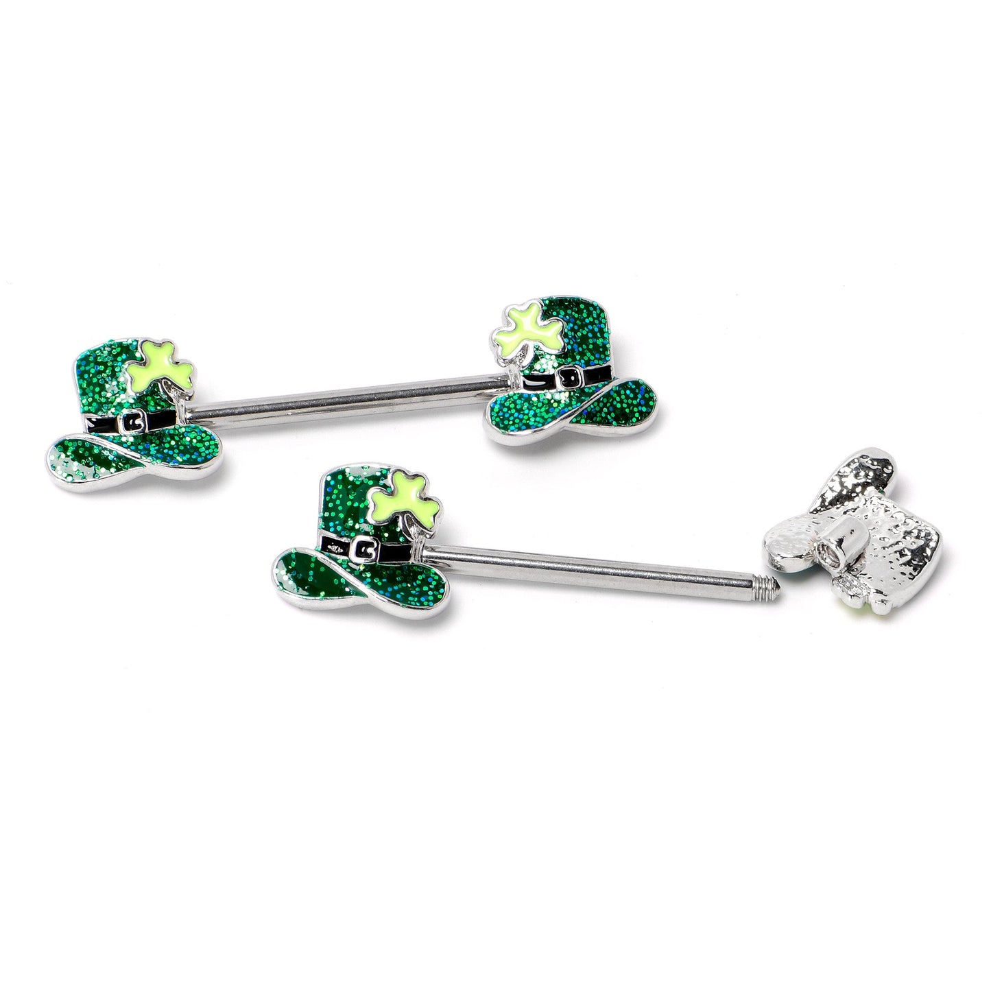 14G 9/16 Glitter Top Hat Shamrock Barbell Nipple Ring Set