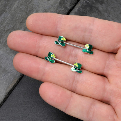 14G 9/16 Glitter Top Hat Shamrock Barbell Nipple Ring Set