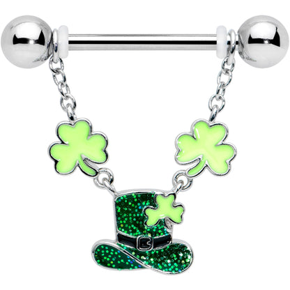 14G 9/16 Glitter Top Hat Shamrock Chain Dangle Nipple Ring Set