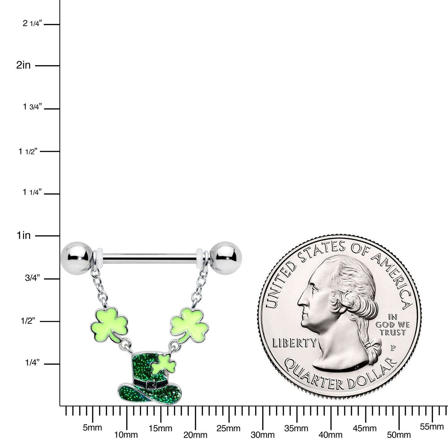 14G 9/16 Glitter Top Hat Shamrock Chain Dangle Nipple Ring Set