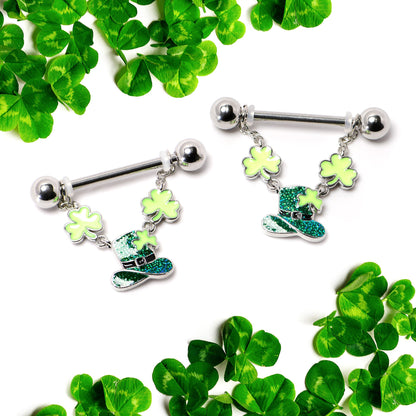 14G 9/16 Glitter Top Hat Shamrock Chain Dangle Nipple Ring Set