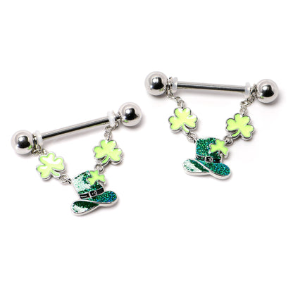 14G 9/16 Glitter Top Hat Shamrock Chain Dangle Nipple Ring Set