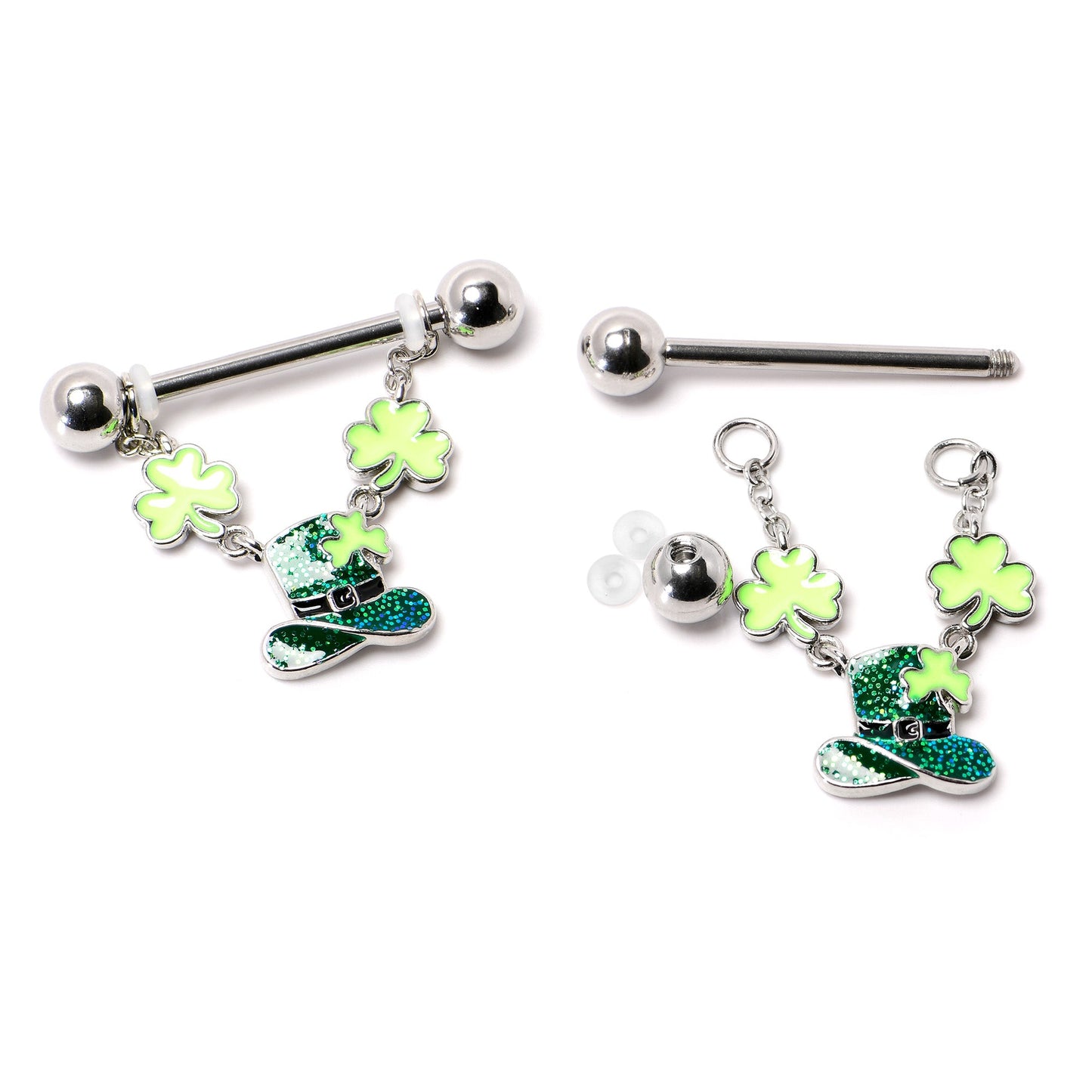 14G 9/16 Glitter Top Hat Shamrock Chain Dangle Nipple Ring Set